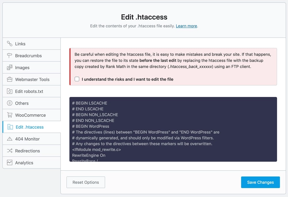 ÉDITEUR .HTACCESS SUR RANK MATH