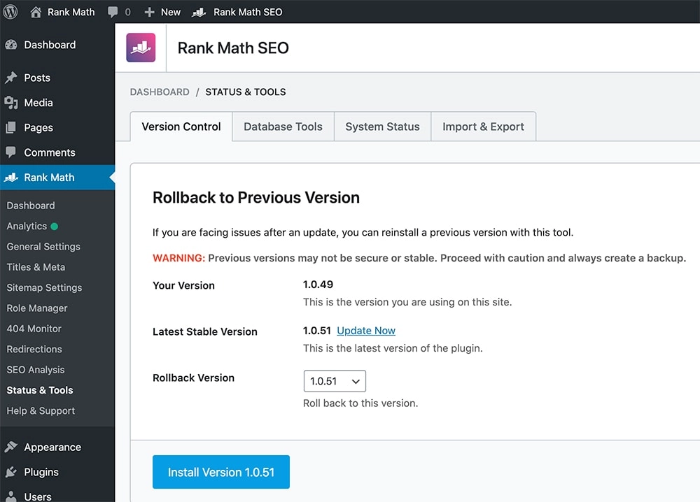 GESTION DES VERSIONS AVEC RANK MATH